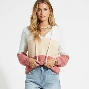 SO Colorblock Hooded Knit Sweater Womens L Cream Pink Cozy Clean Girl Beachy